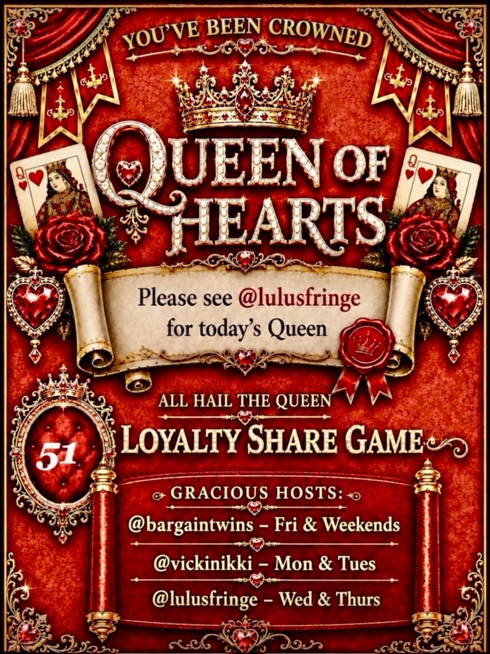 SEE LULUSFRINGE FOR
TODAY’S  QUEEN! ⚜️
STAY LOYAL, ROYALS! ♥️
